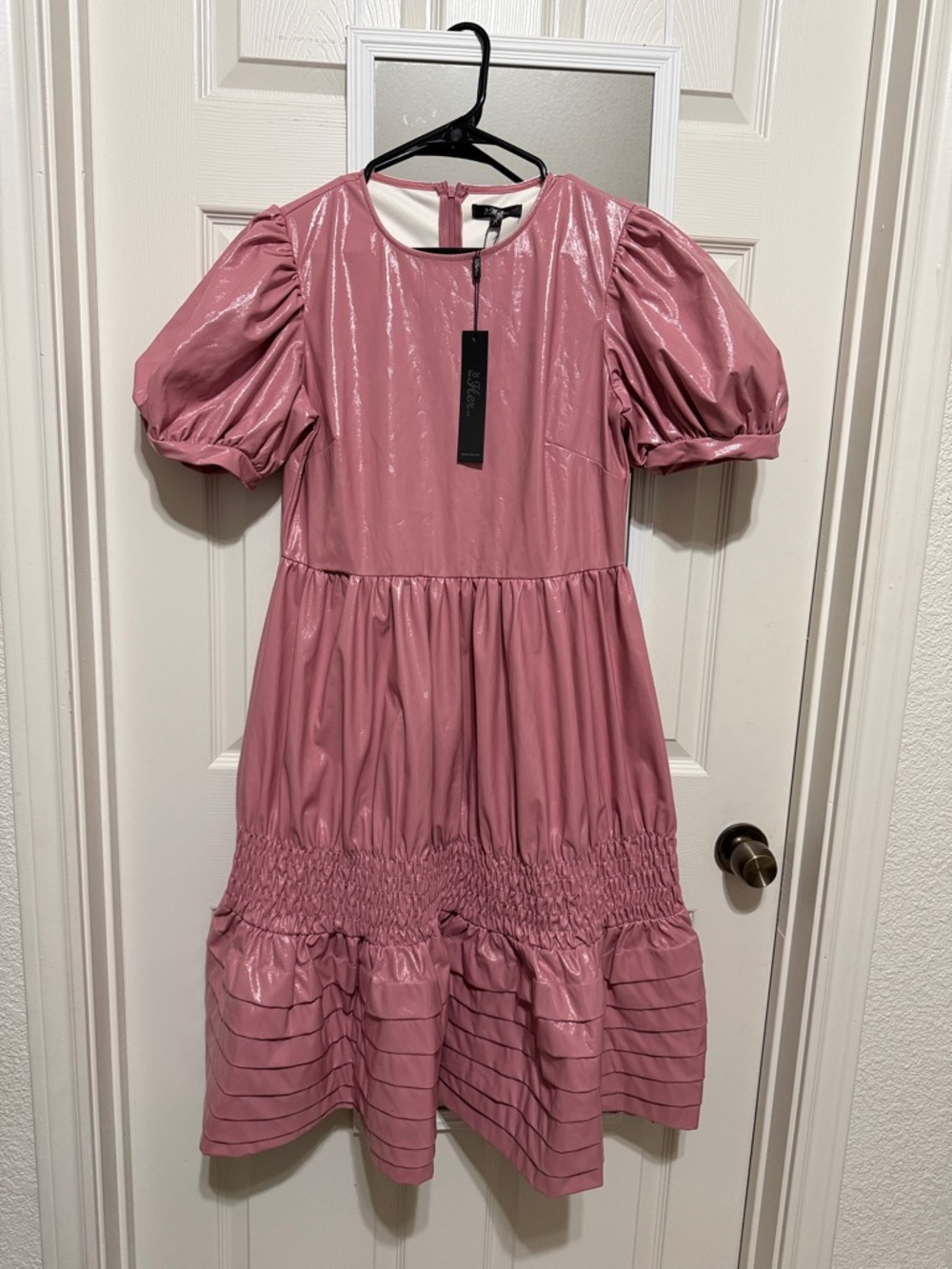 Shiny Rose Puff-Sleeve Midi Dress